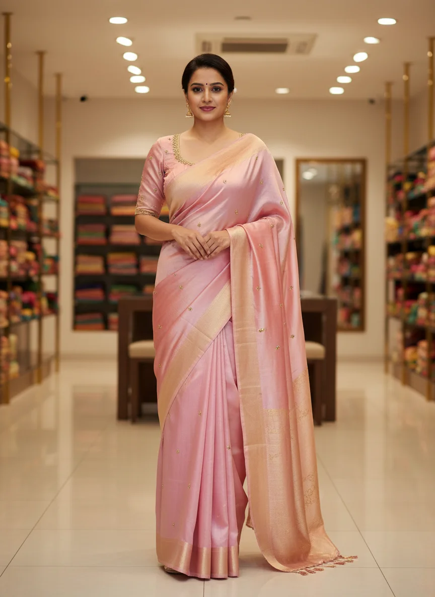 Light Pink Blouse Fabric with Gold Maggam Work Neckline thumbnail 3