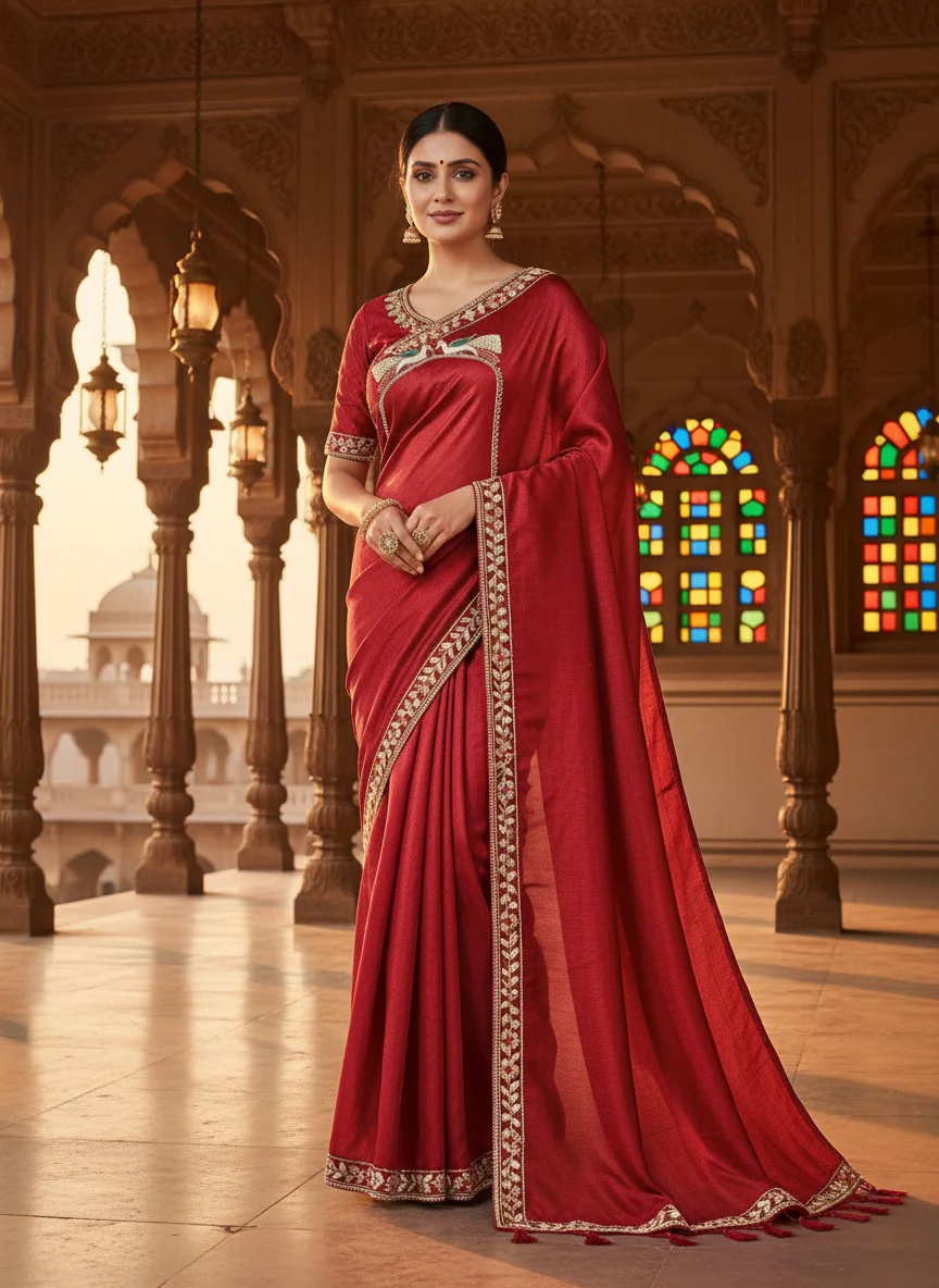 Red Blouse Maggam Work with Bird Design thumbnail 4