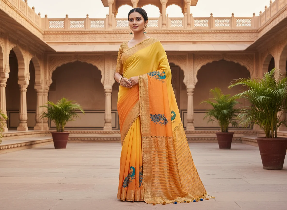 Dual Tone Orange Yellow Saree with Peacock Embroidery thumbnail 3