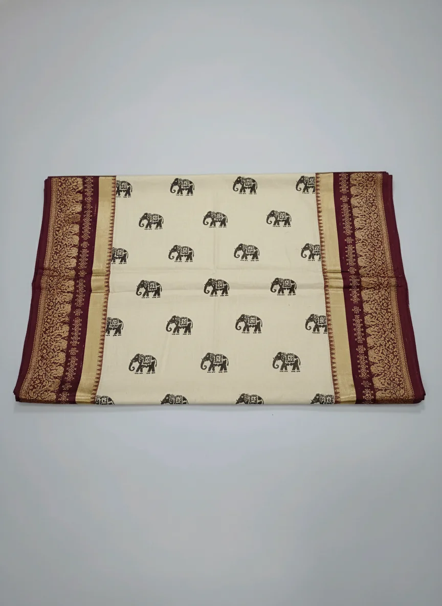 Cream Elephant Block Print Saree with Maroon Gold Zari Border 2