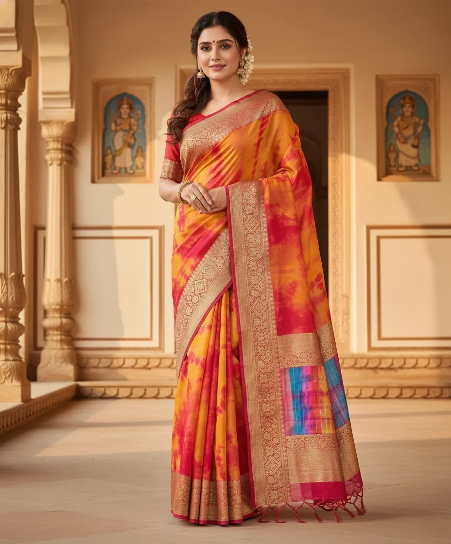 Vibrant Tie Dye Fancy Saree with Gold Zari Woven Border thumbnail 4