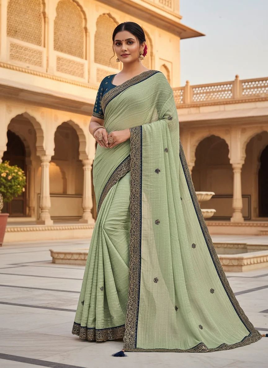 Light Green Saree with Embroidered Sequin Border 5