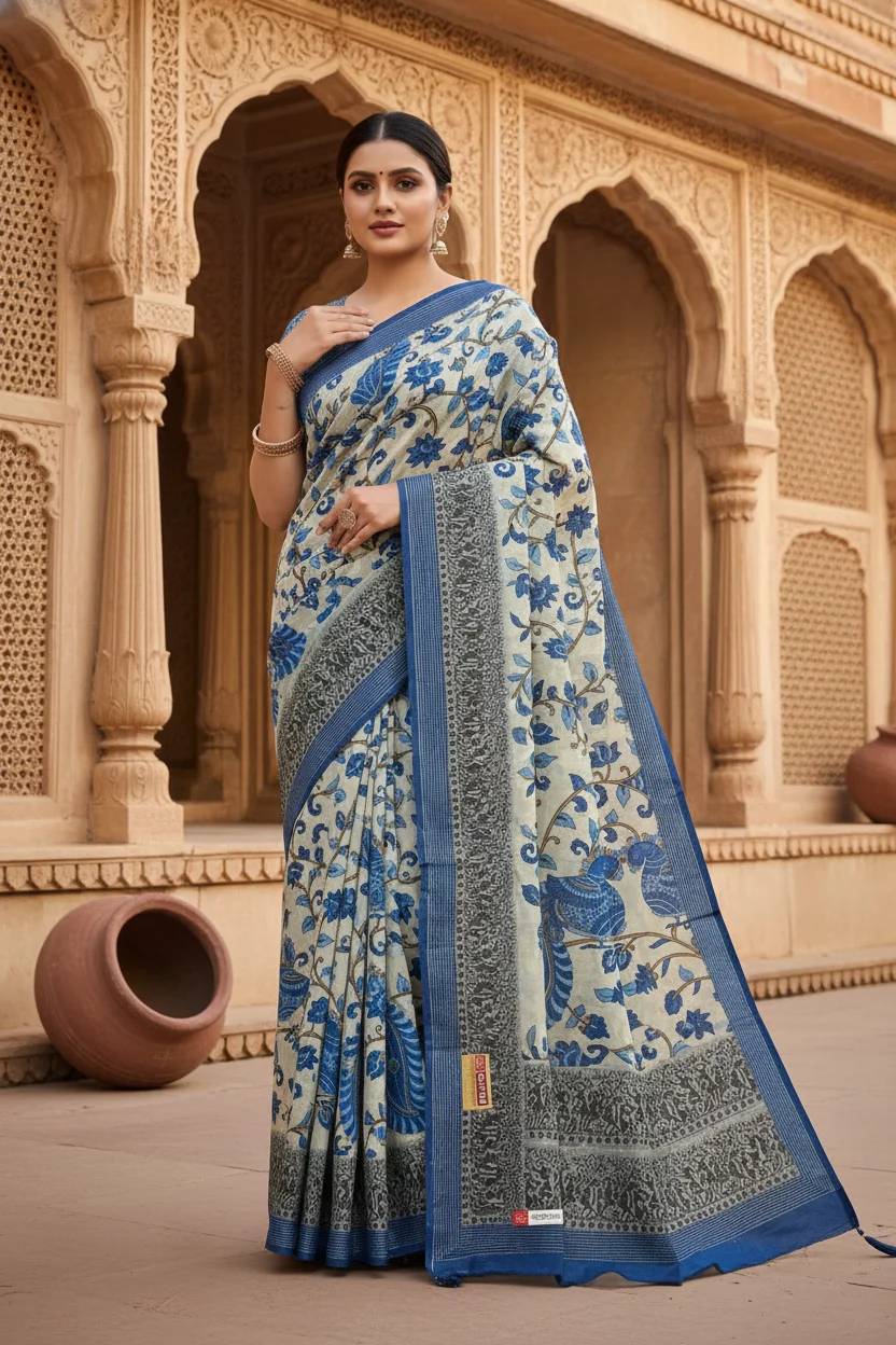 Ratan Jigyasa Blue Cotton Saree with Peacock and Warli Print thumbnail 4