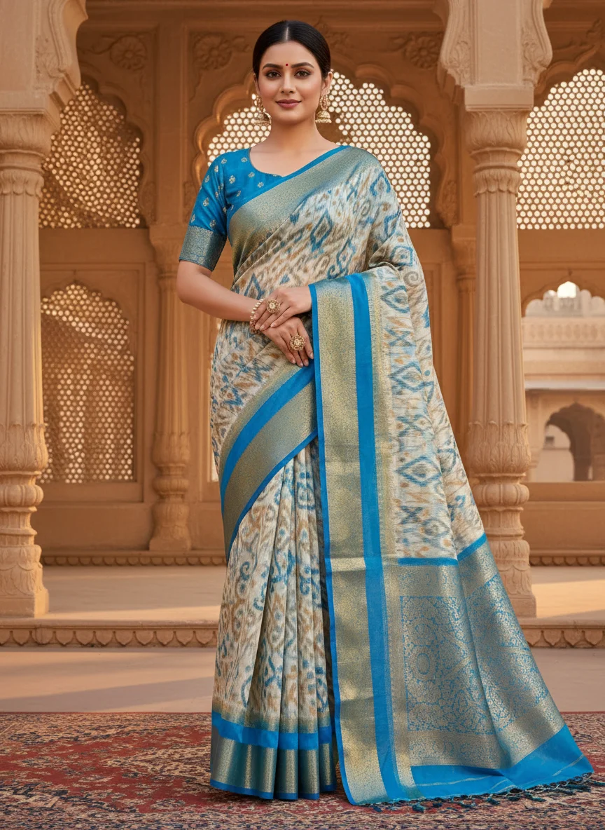 Ikat Pattern Saree with Blue and Gold Zari Border thumbnail 4