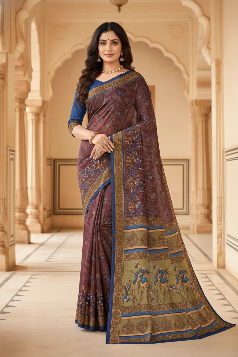 Madhubala Floral Print Saree with Blouse Piece thumbnail 5