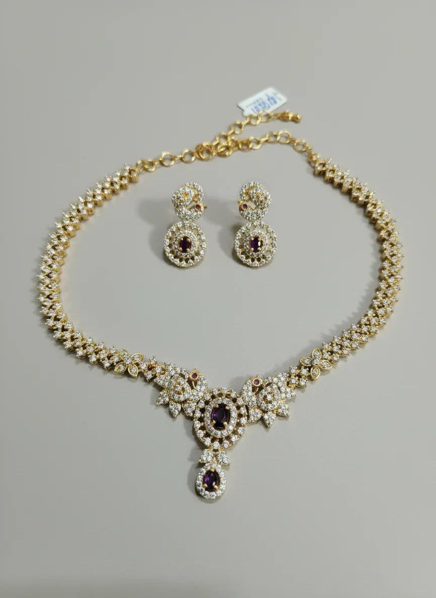 Gold Toned Necklace Set with Purple Stones and Matching Earrings 2
