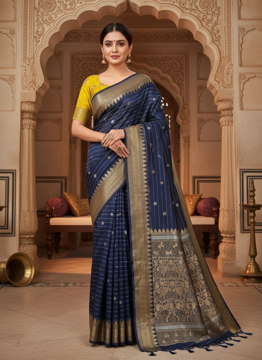 Magenta Silk Saree with Animal Motif Border and Yellow Blouse thumbnail 4