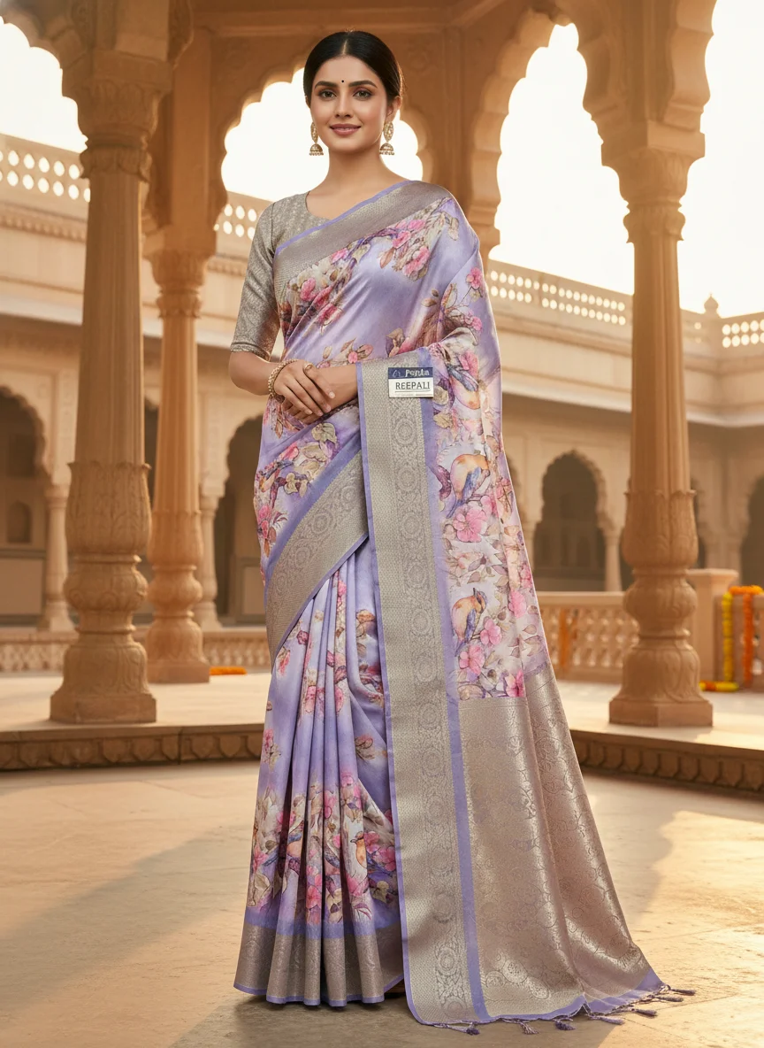Purple Deepali Fancy Saree with Bird and Floral Print thumbnail 6