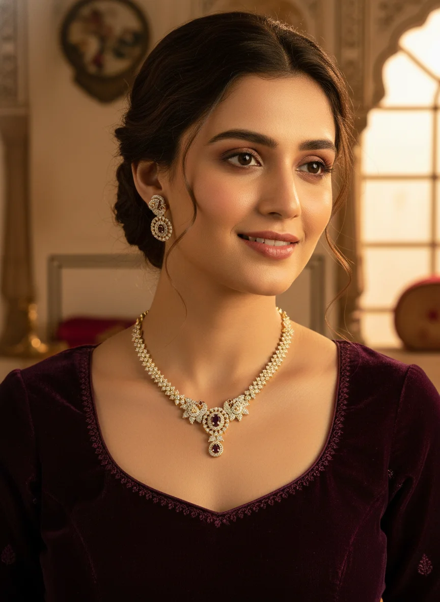 Gold Toned Necklace Set with Purple Stones and Matching Earrings 1