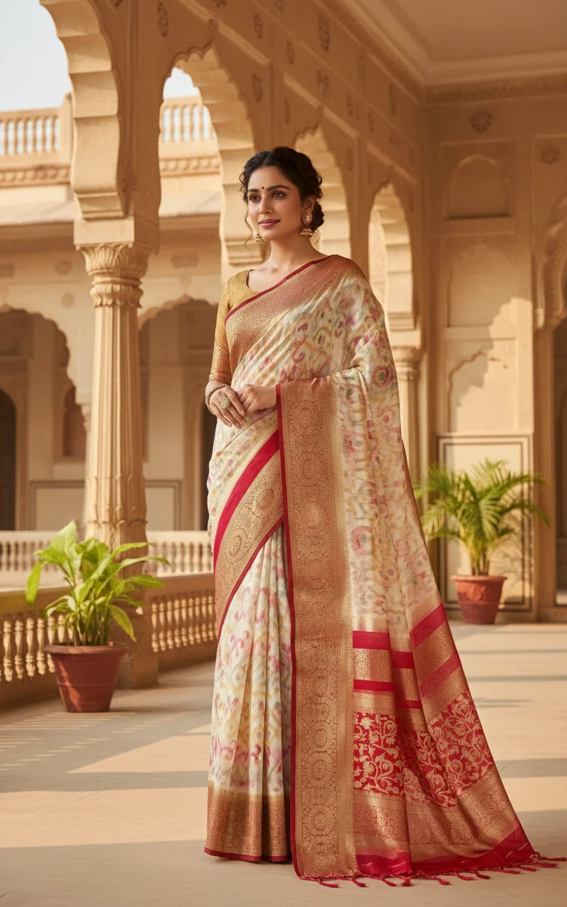 Ikat Pattern Saree with Blue and Gold Zari Border thumbnail 3