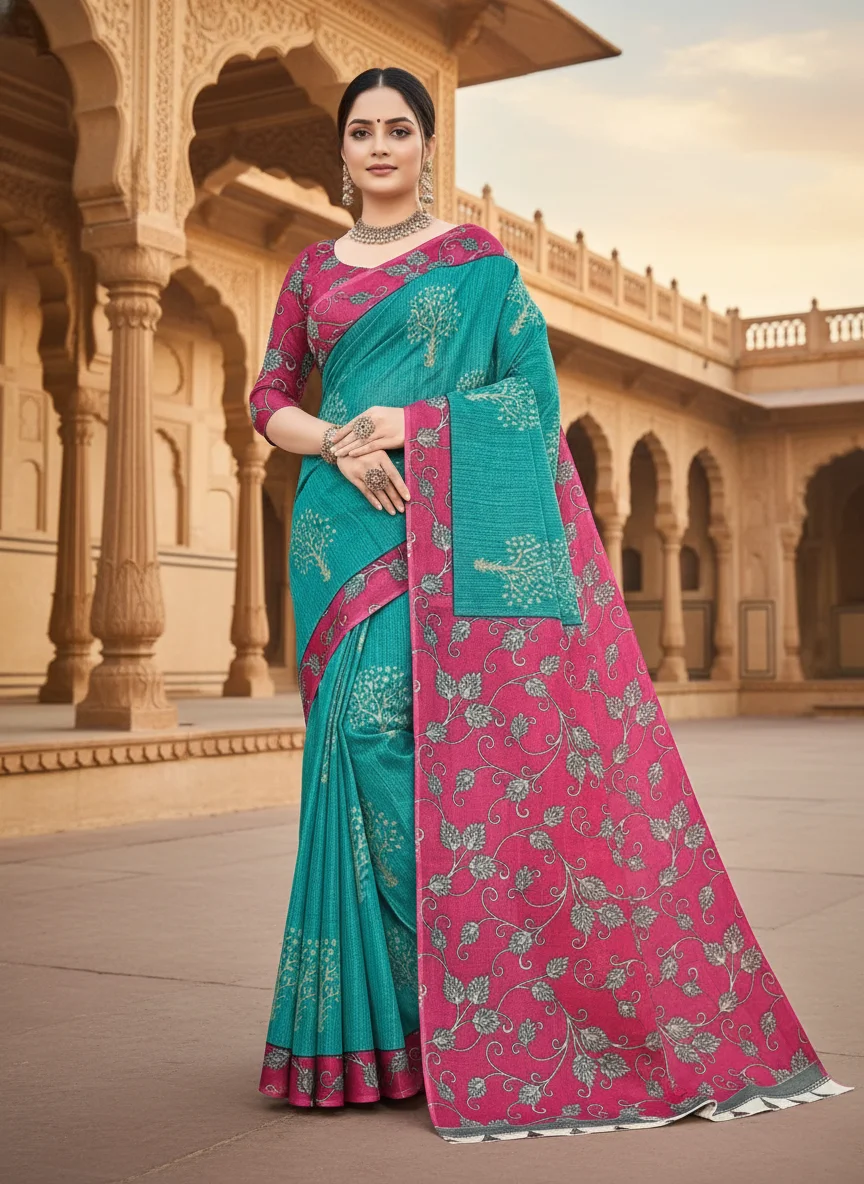Madhubala Floral Print Saree with Blouse Piece thumbnail 6
