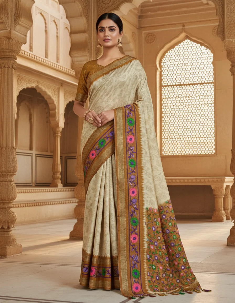 Dual Tone Blue Floral Saree with Zari Border 4