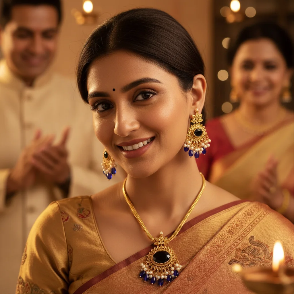 Gold Plated Necklace Set with Blue and White Beads thumbnail 2