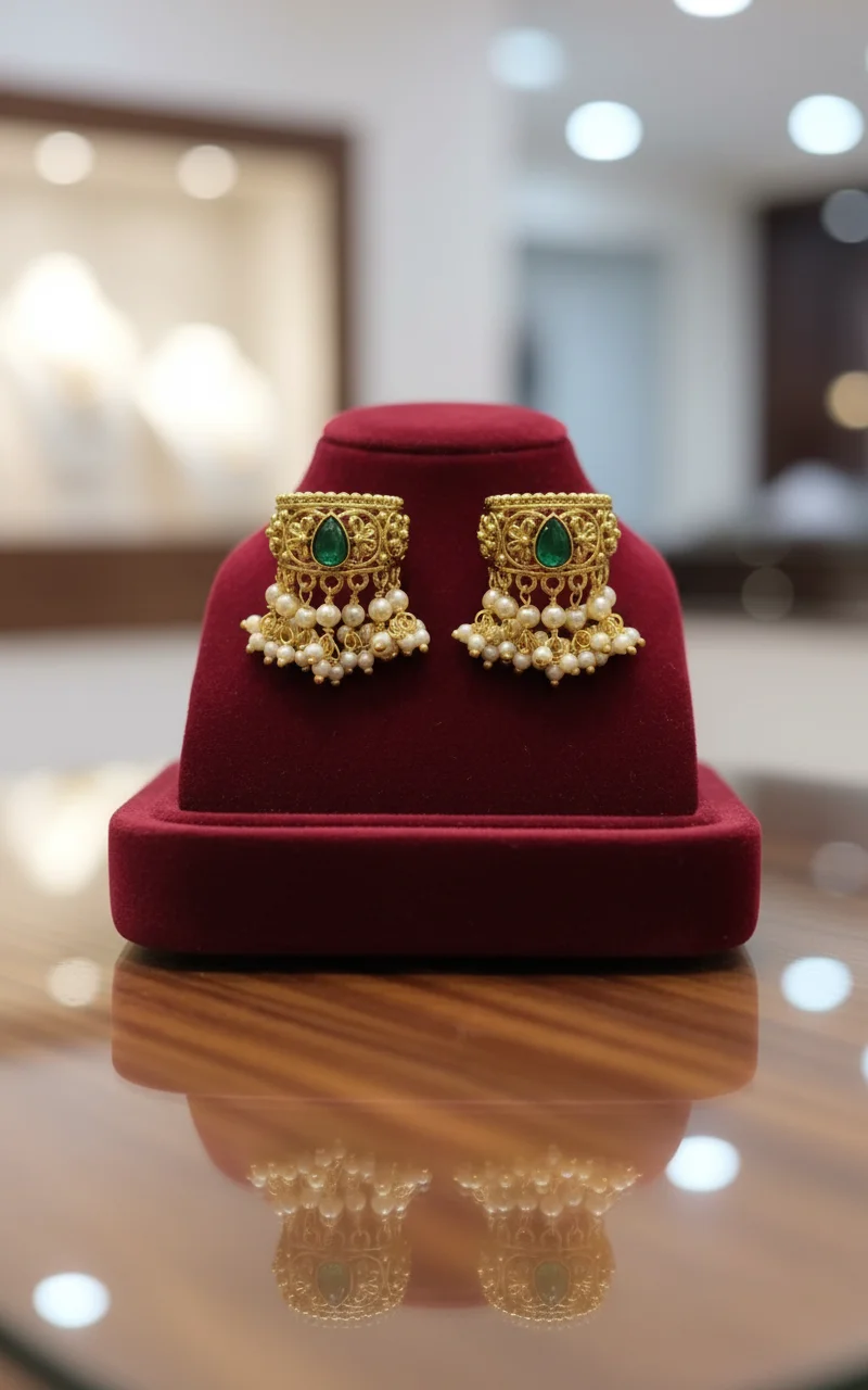 Gold Plated Green Stone Pearl Cluster Earrings thumbnail 2