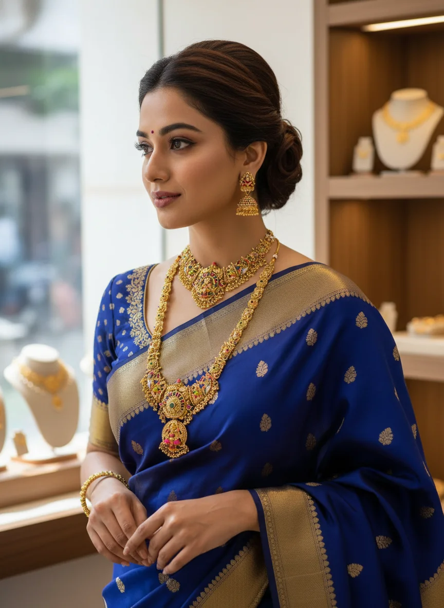 Gold Plated Colorful Meenakari Temple Long and Short Haram Set with Earrings 1