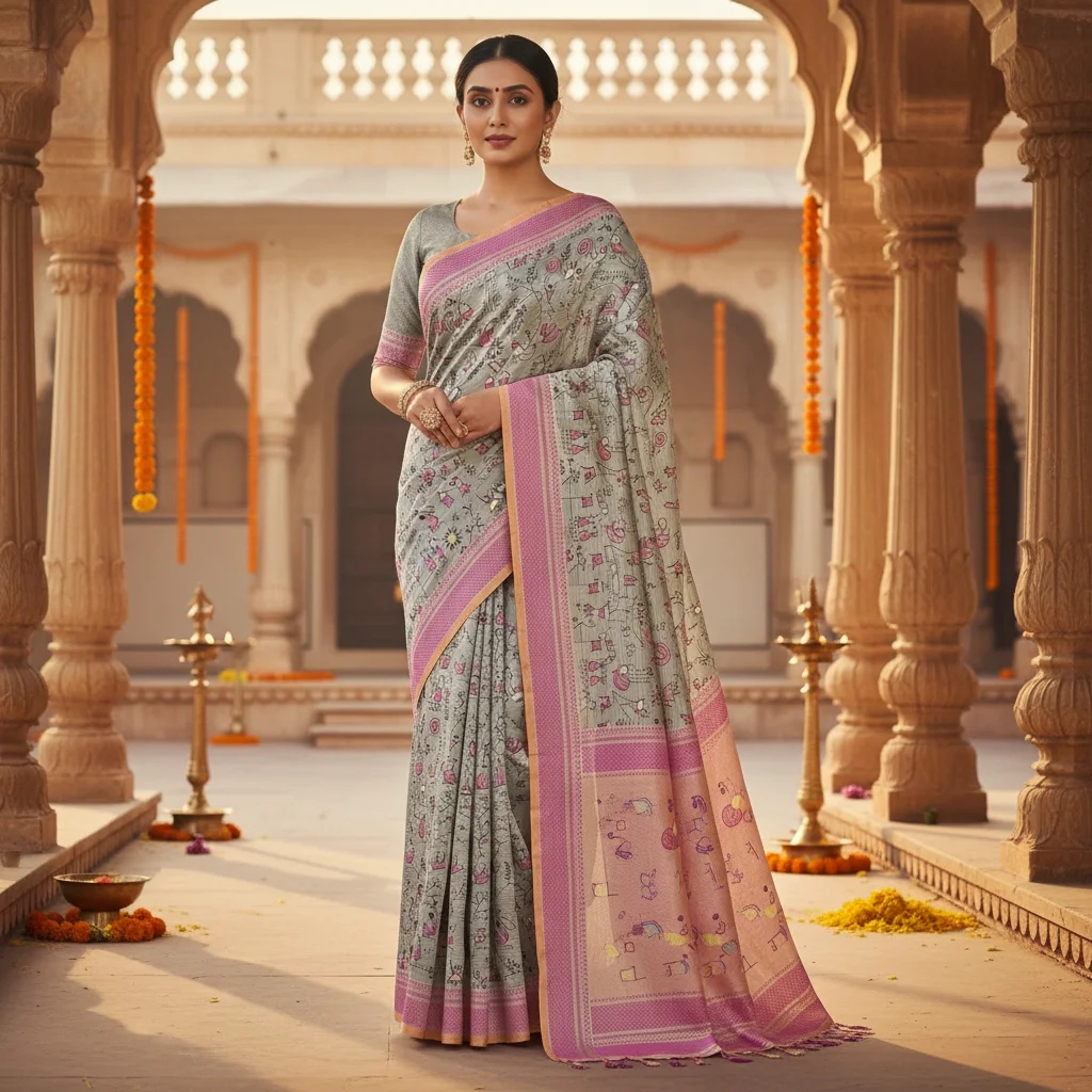 Warli Art Print Cotton Fabric with Pink Border 3