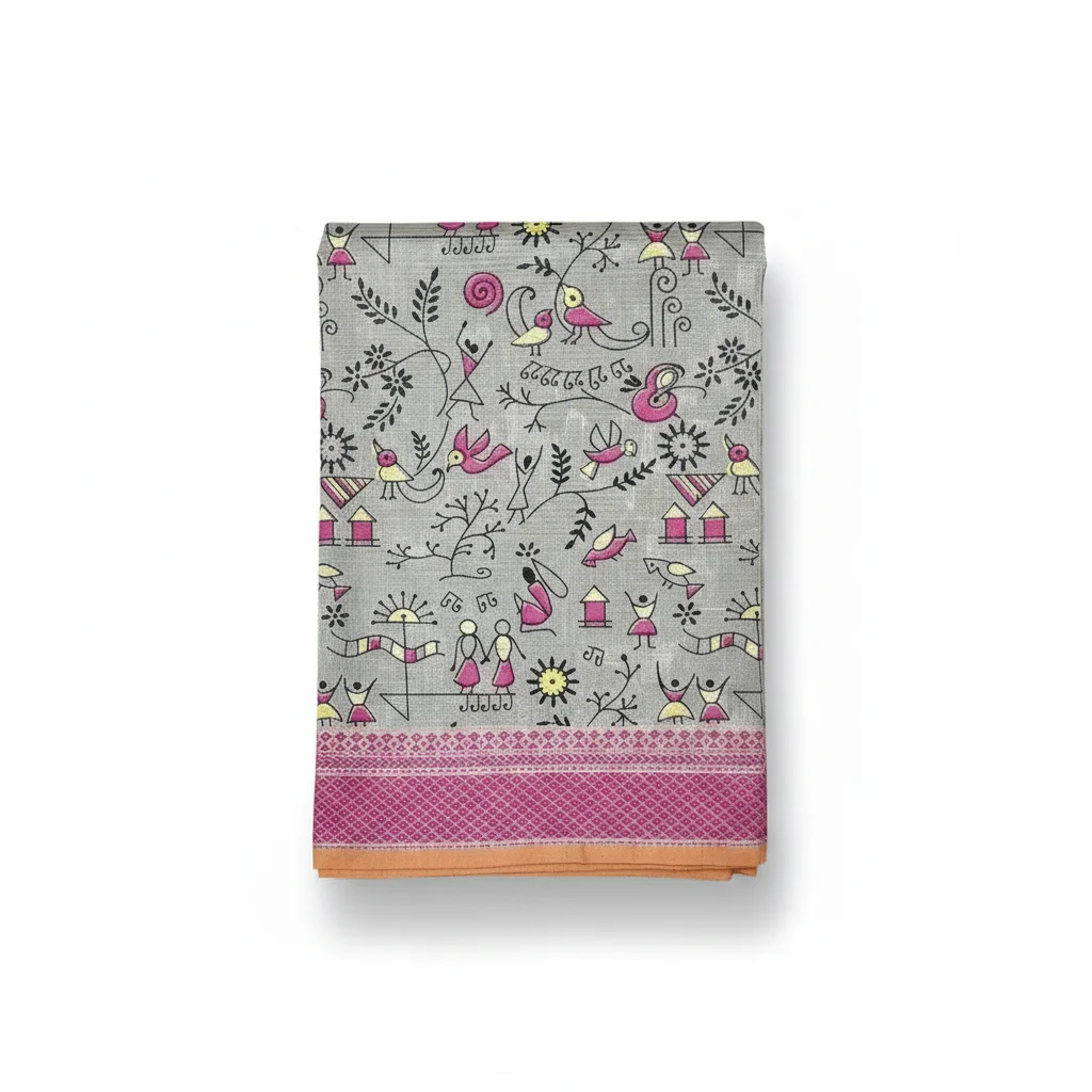 Warli Art Print Cotton Fabric with Pink Border 2