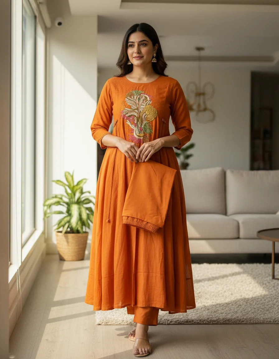 Orange mulcotton Embroidered Anarkali Kurta Set with Dupatta 1