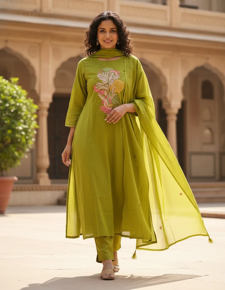 Lime Green mul cotton Embroidered Anarkali Kurta Set with Dupatta thumbnail 1