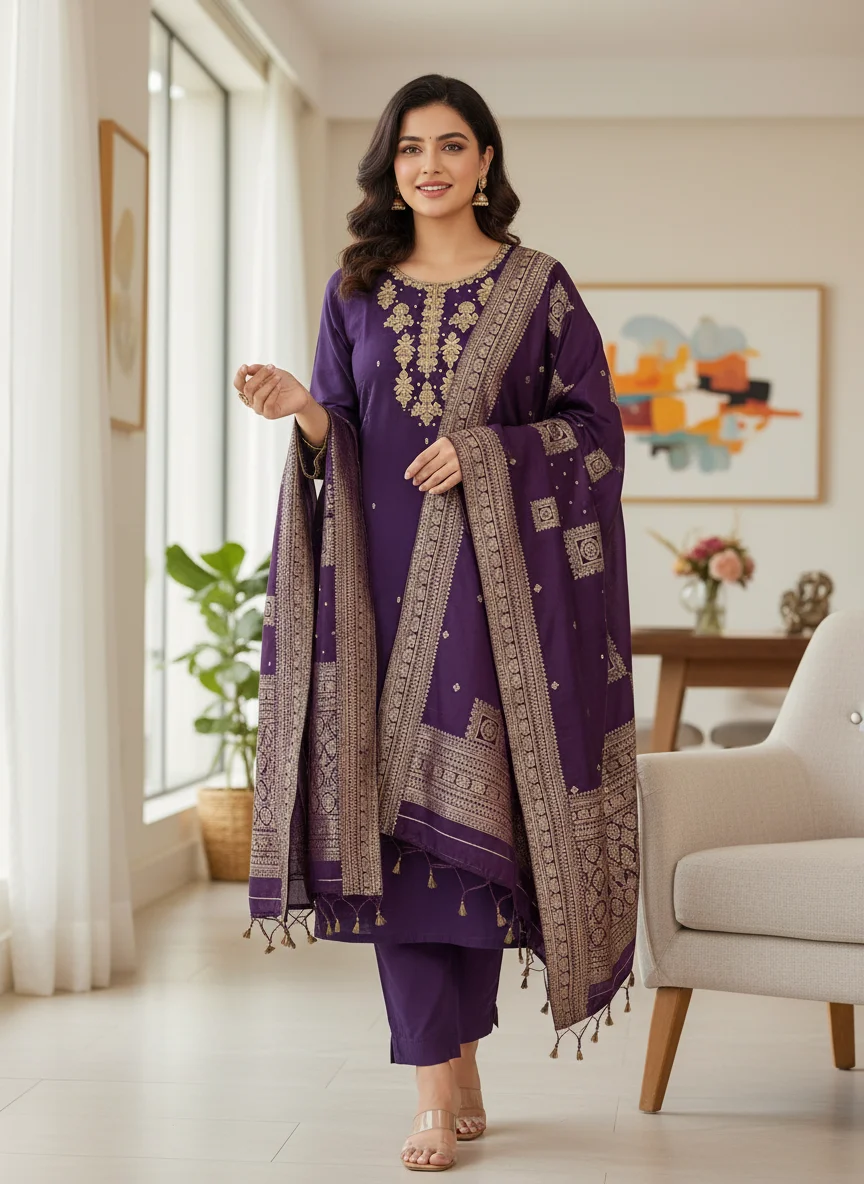Purple Embroidered Kurta Set with Banarasi Dupatta 1