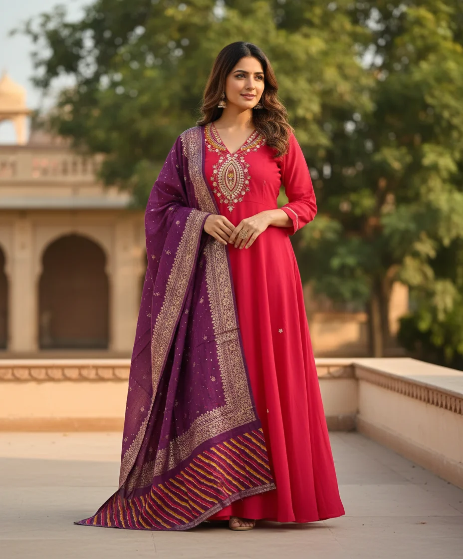 Roman Silk Bright Pink Embroidered Kurta Set thumbnail 1