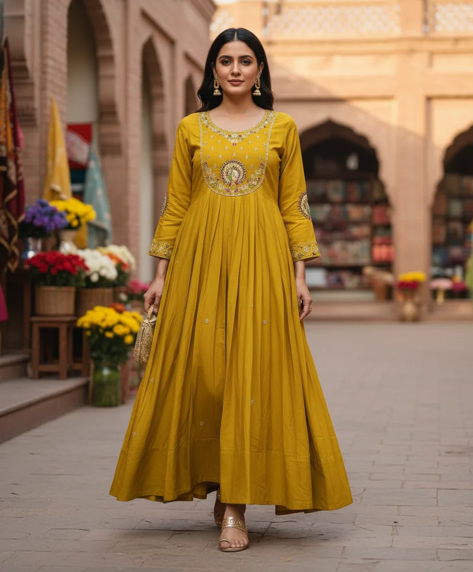 Yellow Embroidered Mulchanderi i Kurta Set with Dupatta thumbnail 1