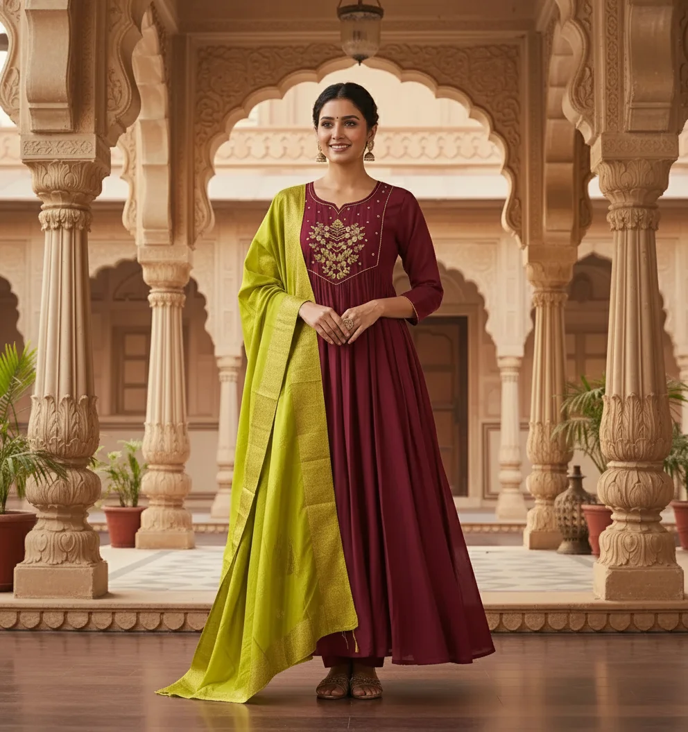 Maroon Mulchanderi Anarkali Kurta Set with Yellow Dupatta thumbnail 1