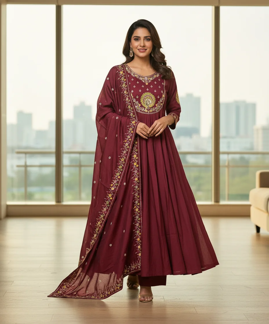 Maroon Embroidered Mulchanderi Kurta Set with Dupatta thumbnail 1