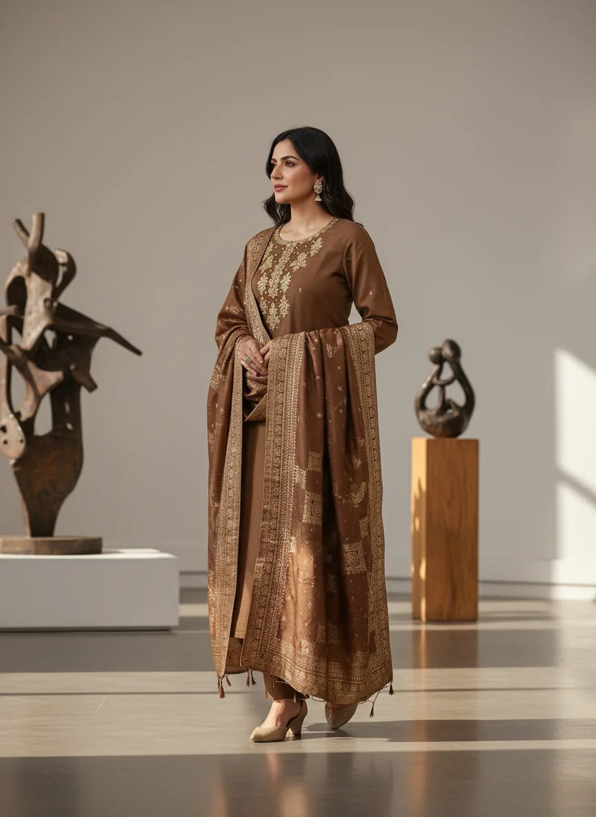 Brown  Heavy Viscose Embroidered Kurta Set with Banarasi Dupatta 1