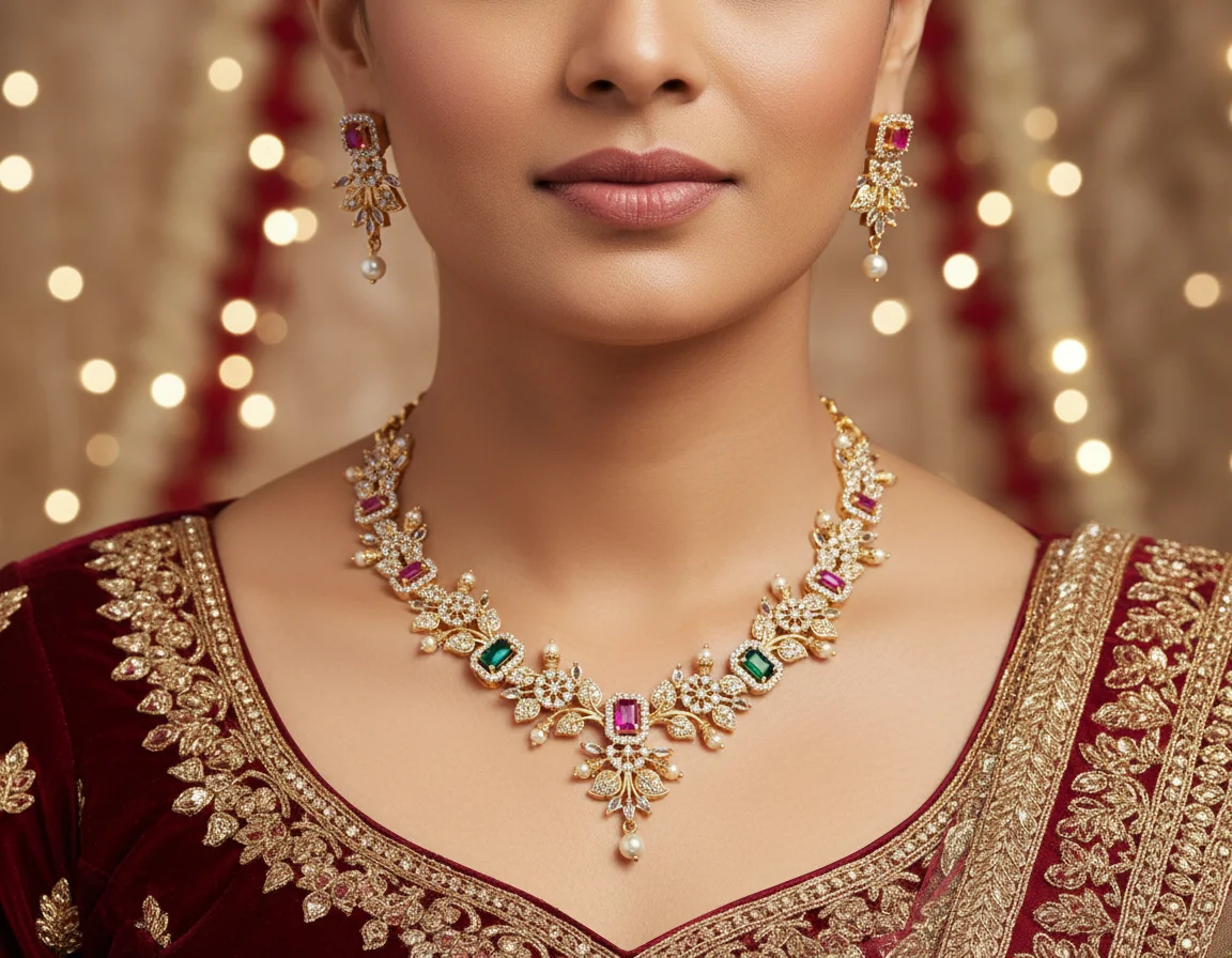 Designer Stone Necklace Set with Earrings – Bridal & Party Wear 3