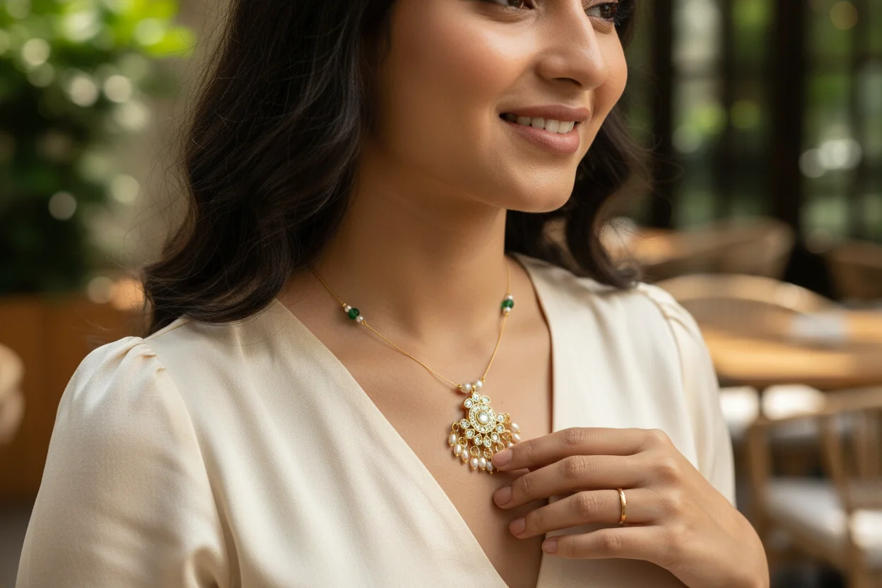 Gold Toned Kundan and Pearl Drop Necklace thumbnail 3