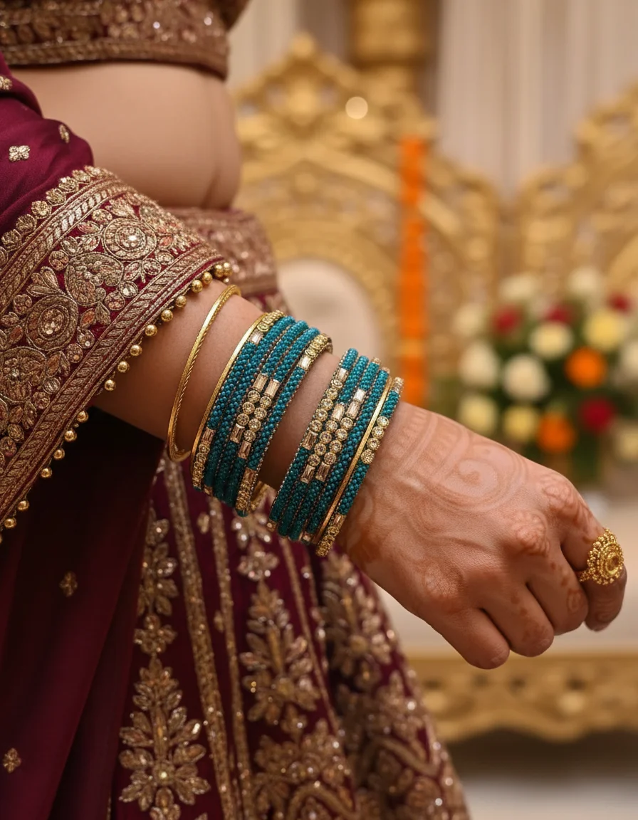 “Latest Hyderabad Charminar Rama Green & Gold Stone Bangles Set” 4