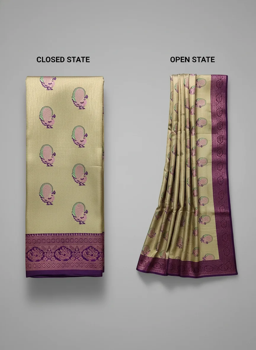 Golden Beige Silk Saree with Peacock Motifs thumbnail 6