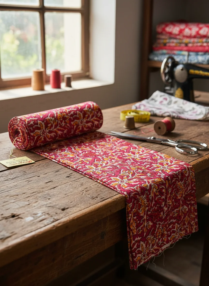 Bhagwati Fab Raju Cotton Red Orange Floral Printed Fabric Blouse Piece 1 Meter 5