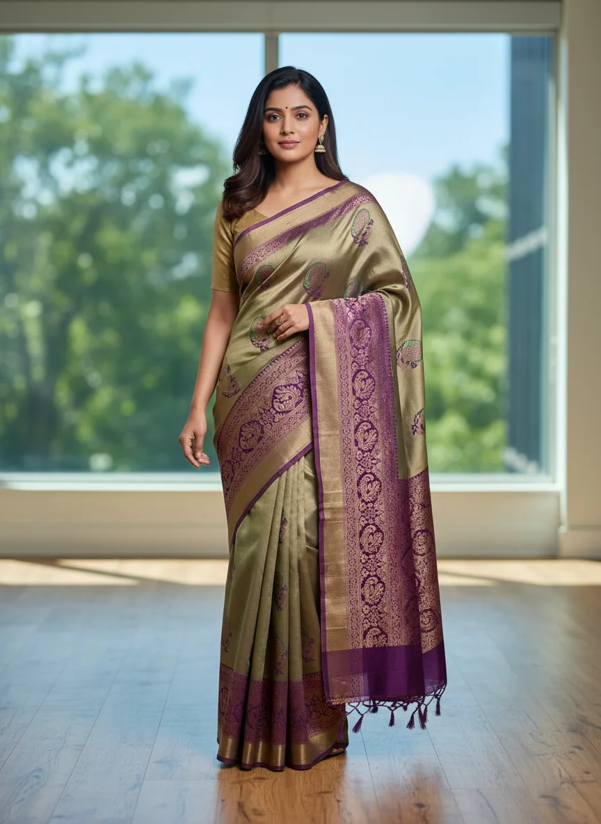 Golden Beige Silk Saree with Peacock Motifs thumbnail 5