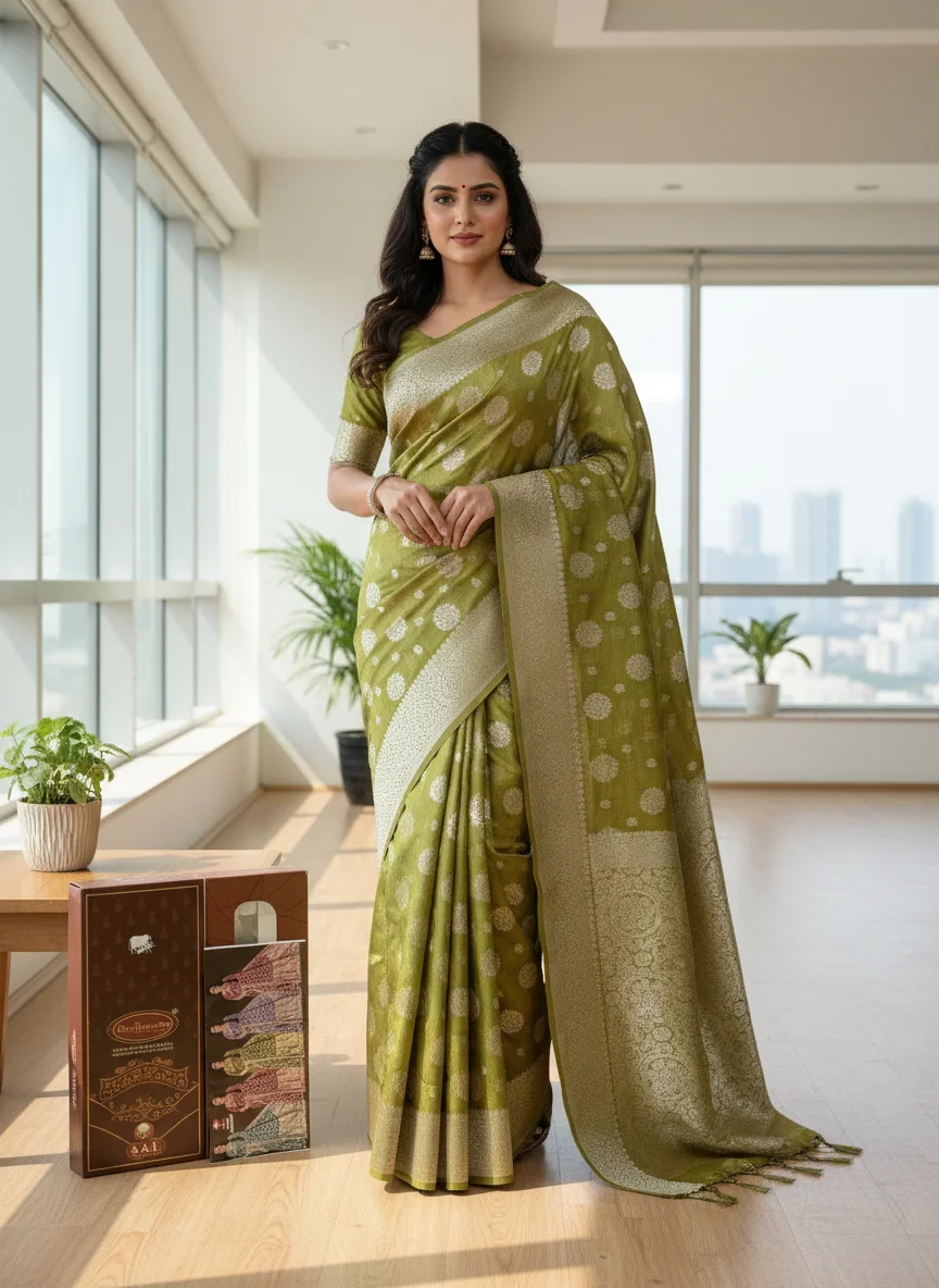 Olive Green Silk Blend Saree with Zari Weave 2