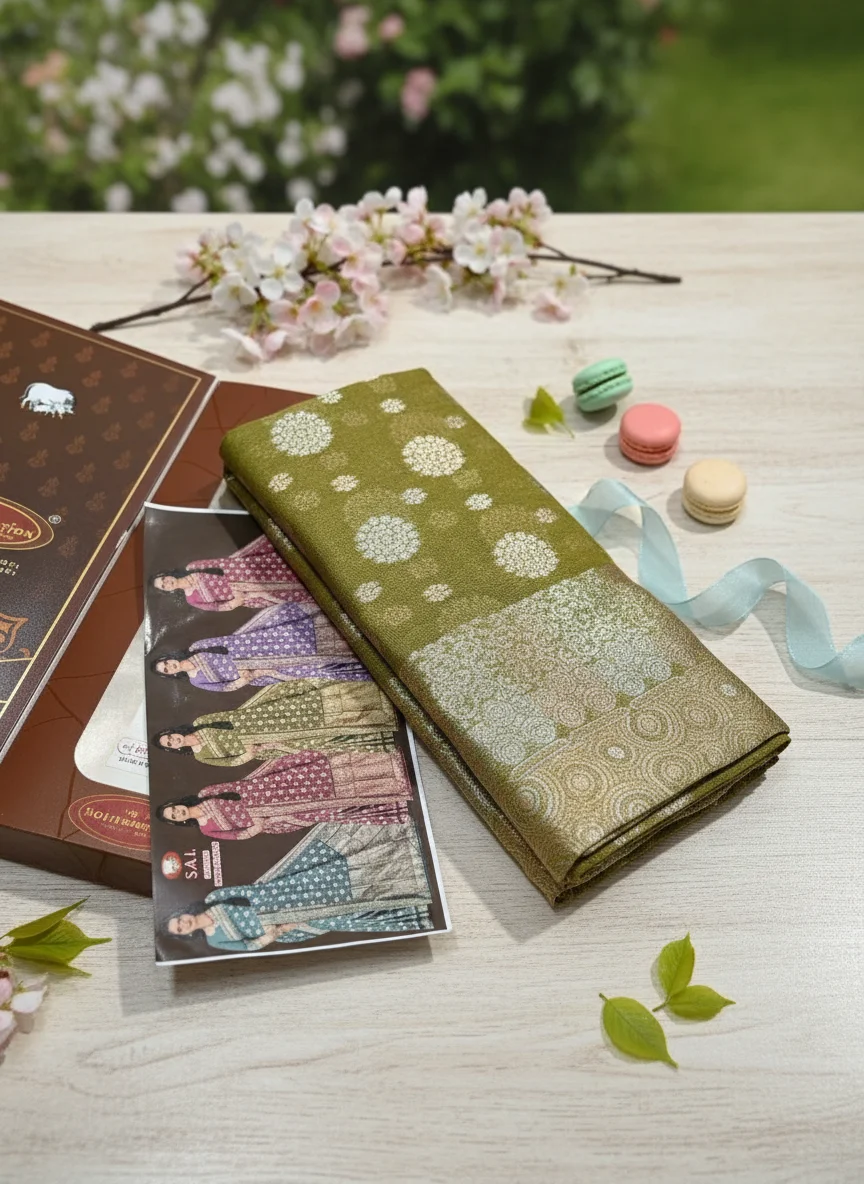 Olive Green Silk Blend Saree with Zari Weave 3