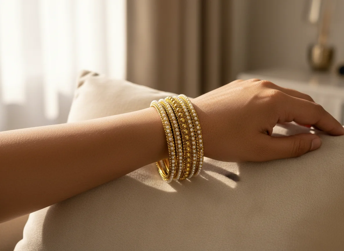 Gold Plated Pearl Beaded Bangle Set 3