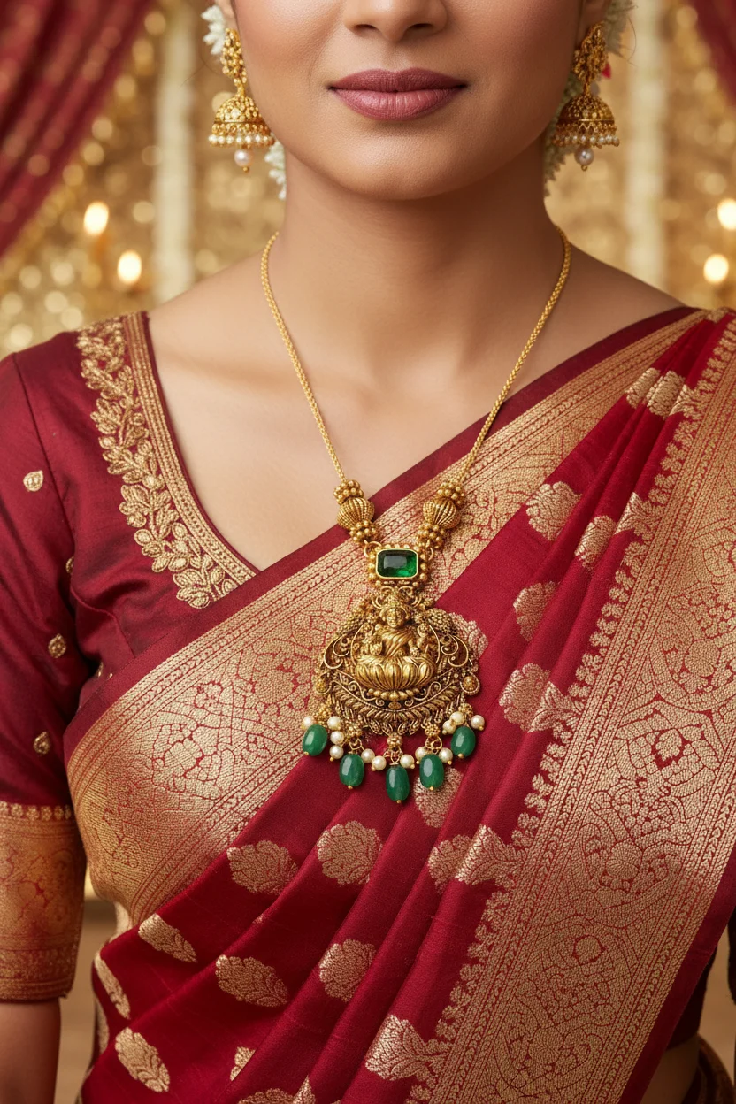 Gold Toned Lakshmi Temple Necklace Set with Green Stones and Pearls 4