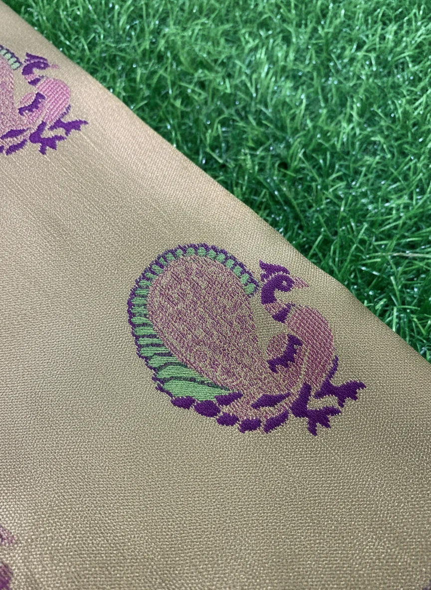 Golden Beige Silk Saree with Peacock Motifs thumbnail 3