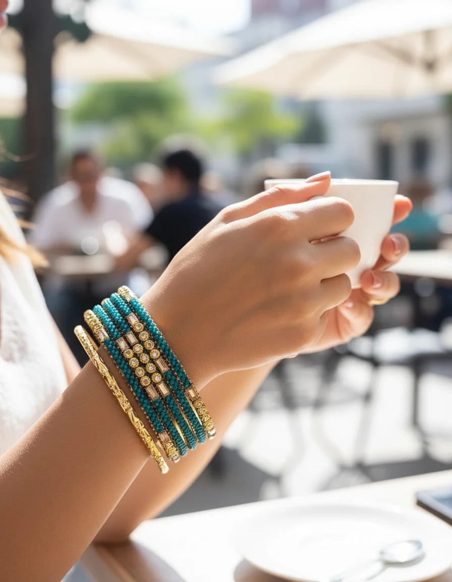 “Latest Hyderabad Charminar Rama Green & Gold Stone Bangles Set” 5