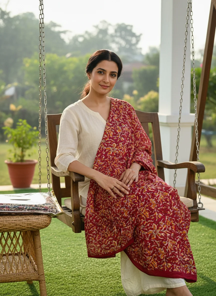 Bhagwati Fab Raju Cotton Red Orange Floral Printed Fabric Blouse Piece 1 Meter 6