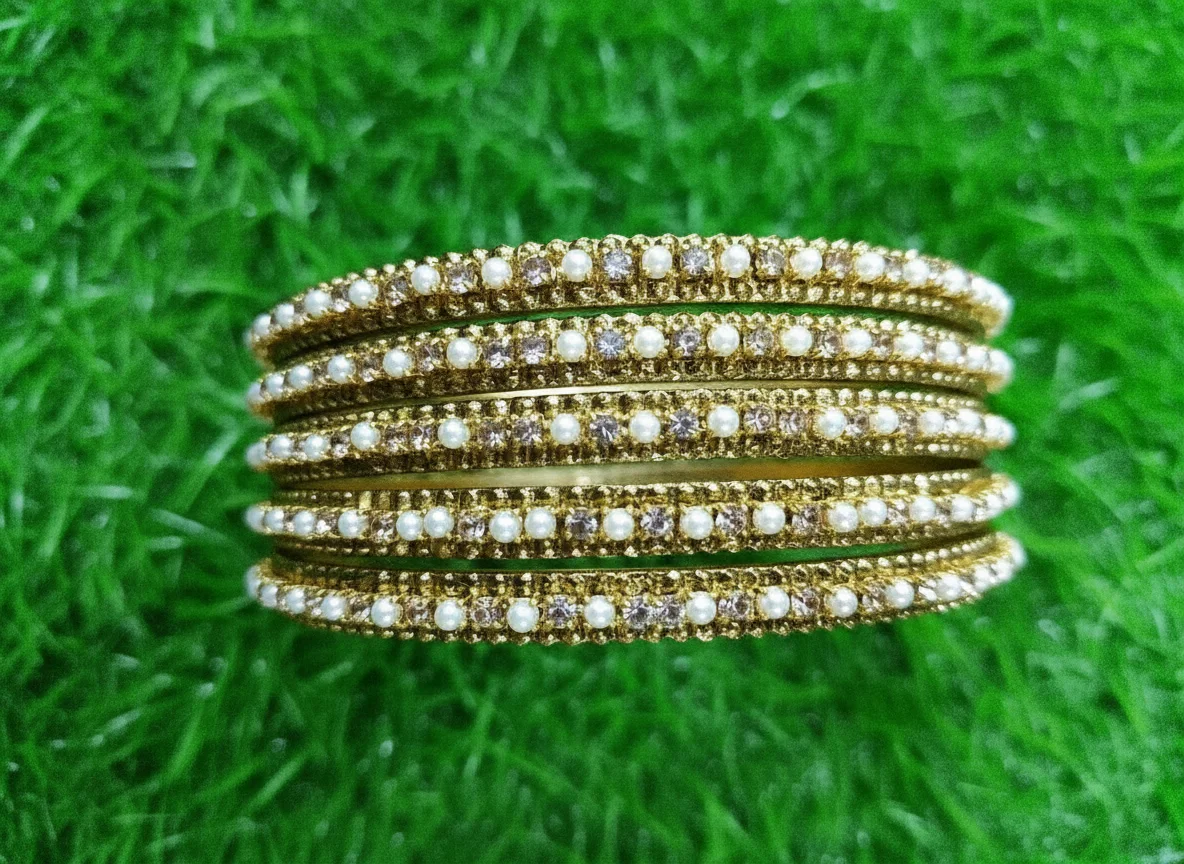 Gold Plated Pearl and Stone Bangle Set thumbnail 2