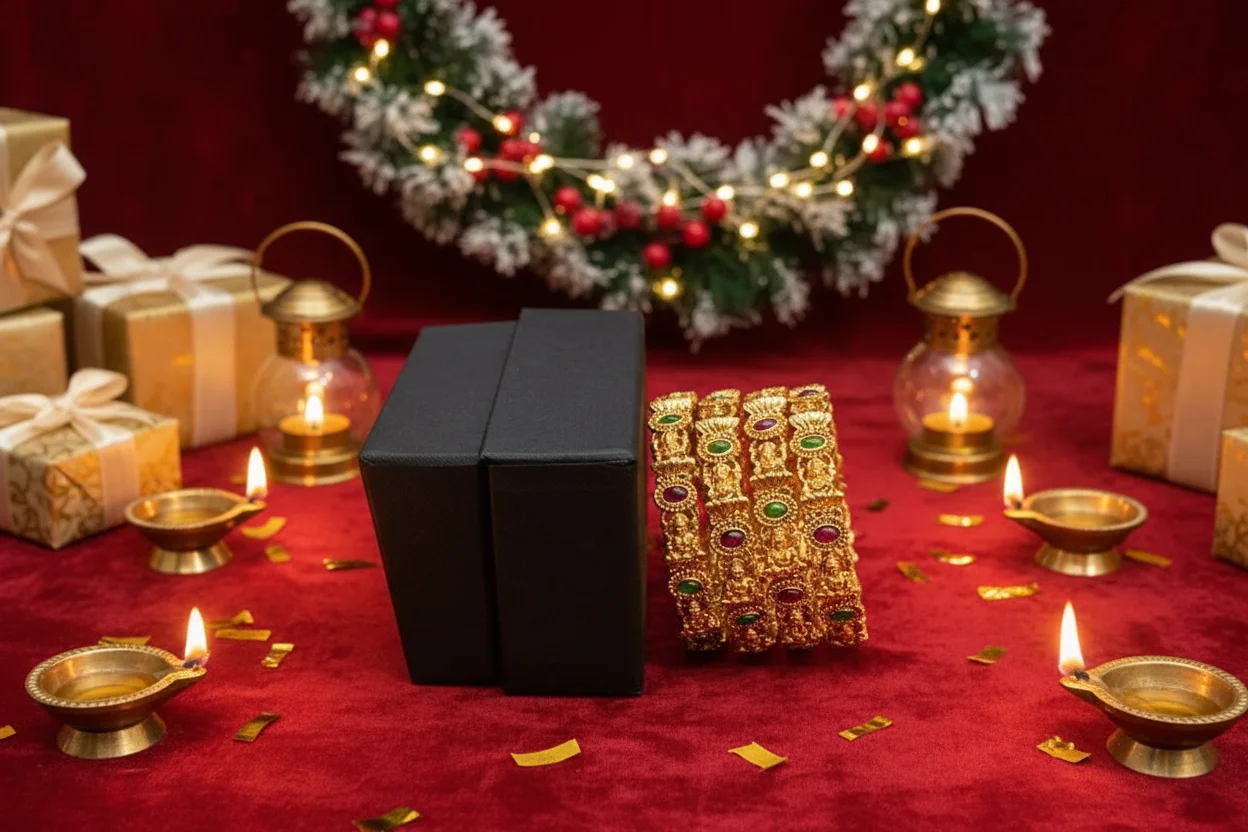 Gold Toned Temple Design Bangles with Green and Maroon Stones Size 2.4 Size 2.6 Size 2.8 thumbnail 5