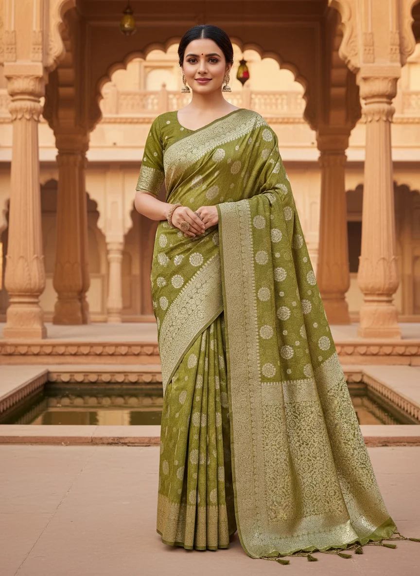 Olive Green Silk Blend Saree with Zari Weave 4
