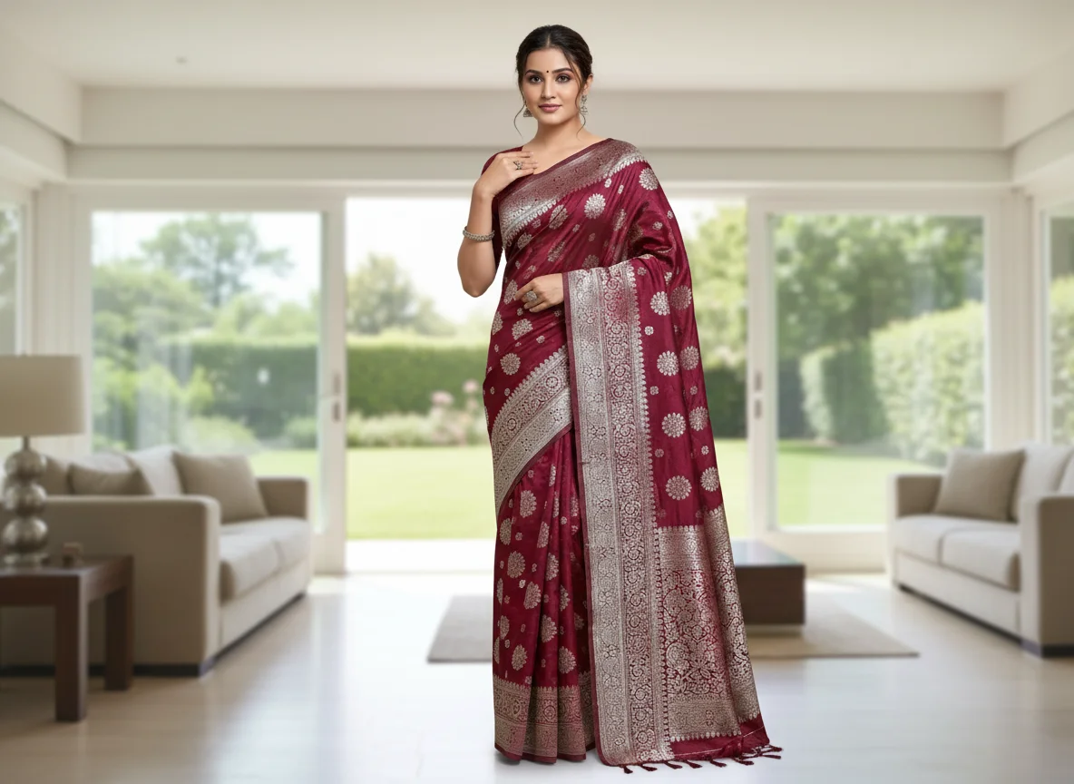 Maa Collection Maroon Silver Zari Woven Saree 7