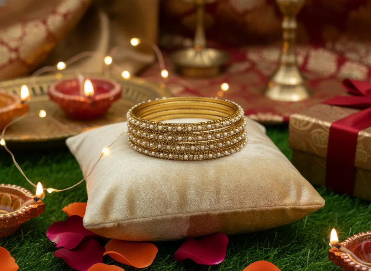 Gold Plated Pearl and Stone Bangle Set