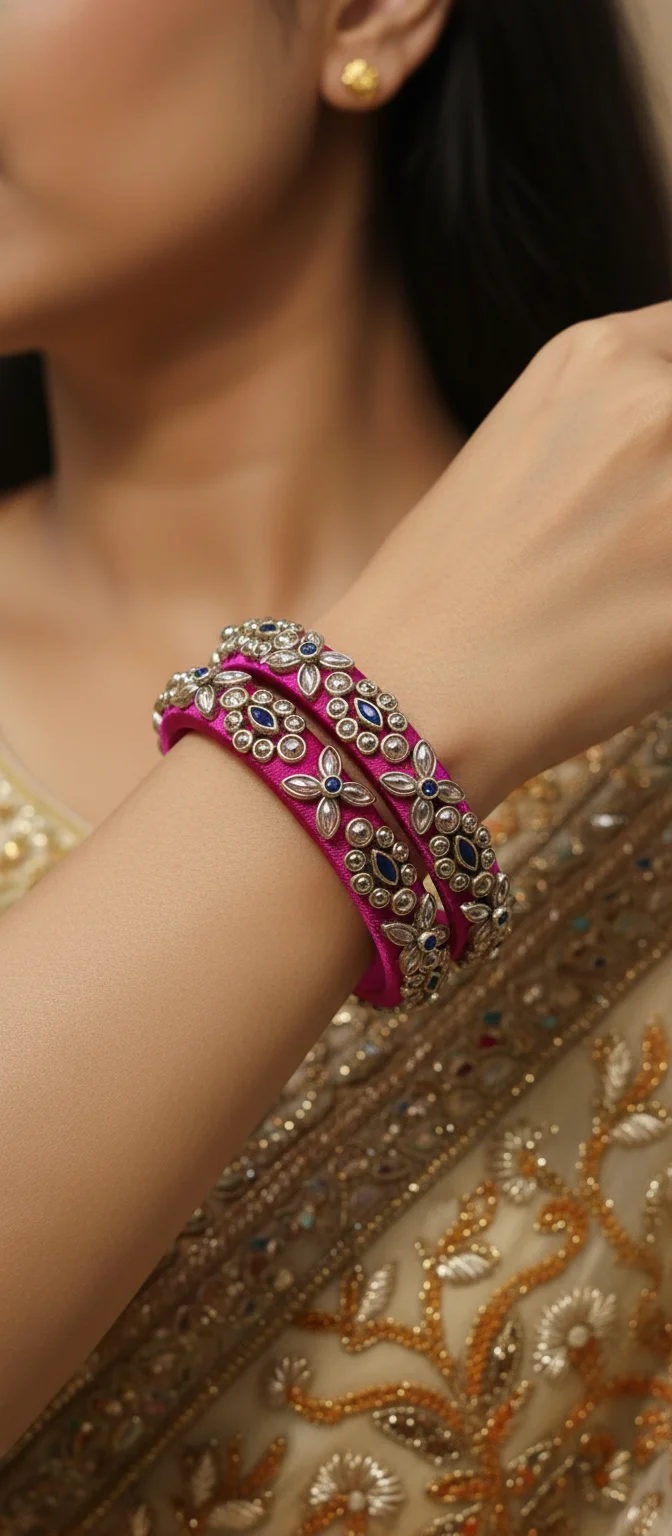 Pink Silk Thread Bangles with Kundan and Stone Work thumbnail 3