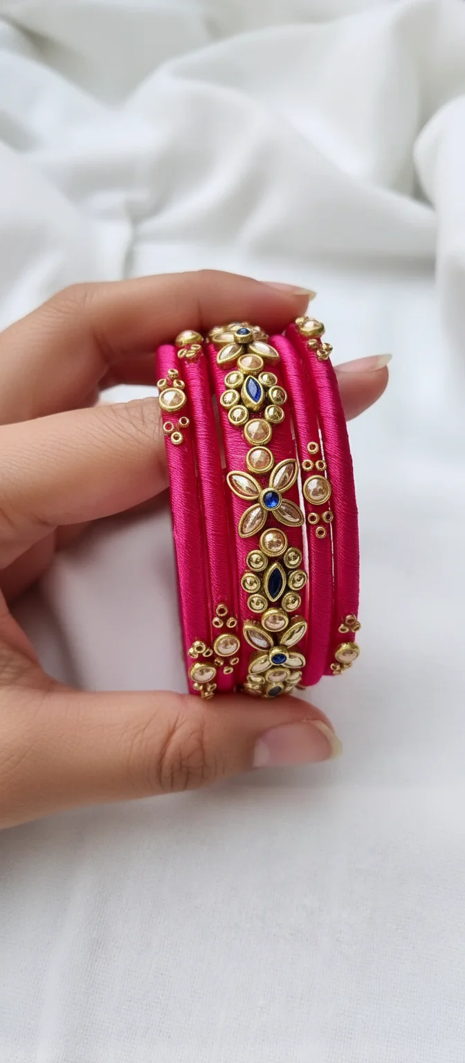 Pink Silk Thread Bangles with Kundan and Stone Work thumbnail 2