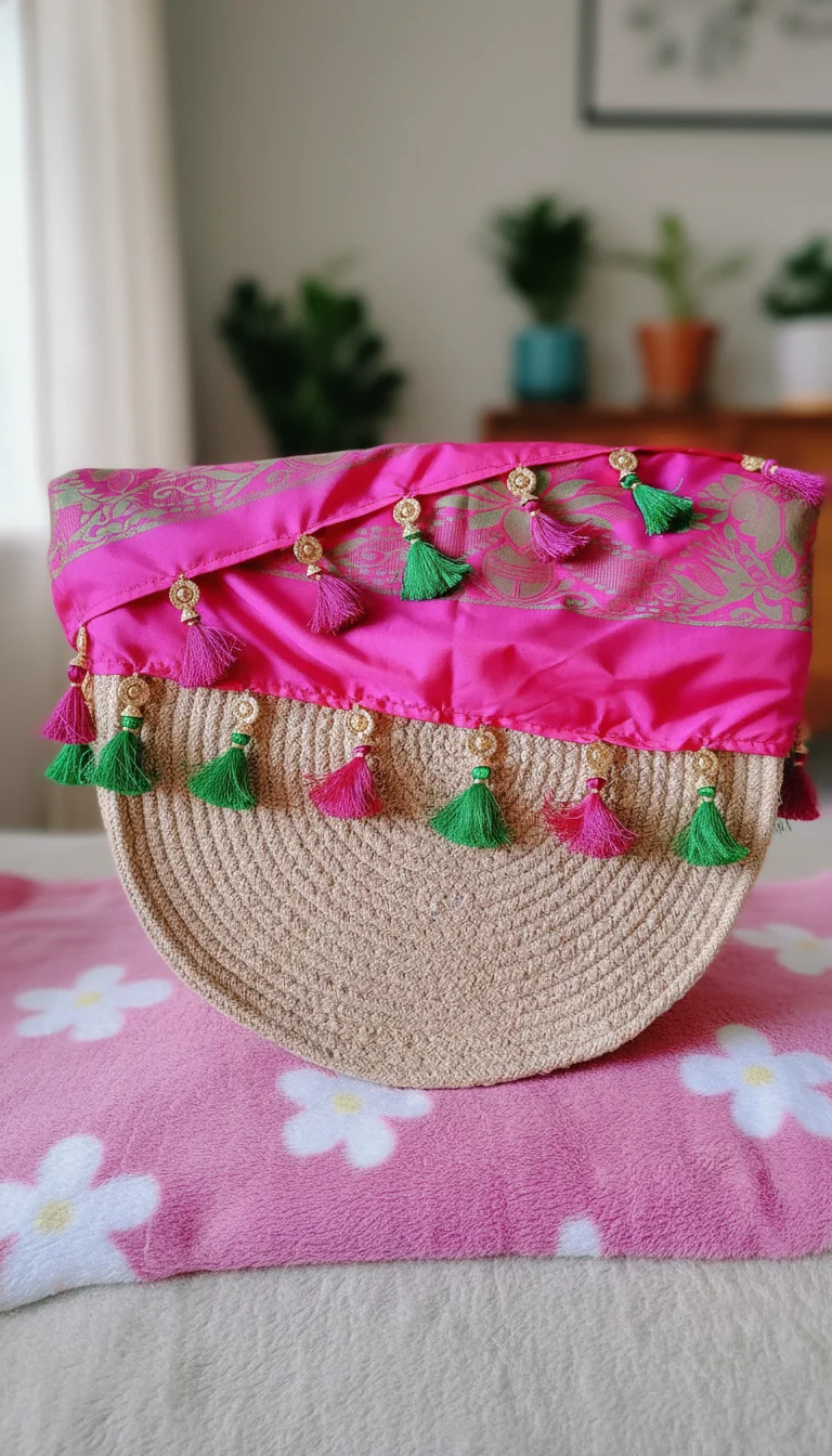 Pink and Green Silk Saree Tassels with Gold Caps